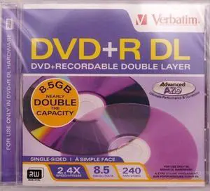 Verbatim Dual-Layer DVD-R Disc, 8.5GB, 2.4x, w/Jewel Case