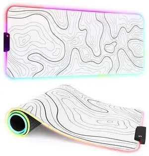 ITNRSIIET RGB Gaming Mouse Pad, Full Desk XL Extended Large Gaming Mousepad, 12 Lighting Modes 30% Thicker Big LED Desk Mat for Gamers, 32 x 12 inches, Topographic Contour White