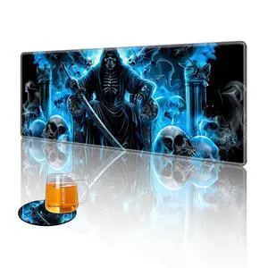 Tudguiloae Large Gaming Mouse Pad with Coaster Edge Stitching Blue Fire Skull Spirits Rider Keyboard Mouse Mat for Desk Household Extended Desktop Mouse Pad Polyester Surface and Non-Slip Rubber Base