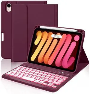 Cousper for iPad mini 7 Keyboard Case A17 Pro 2024/iPad Mini 6 Generation Case with Keyboard 2021 8.3 Inch, Pencil Holder, 7 Color Backlit Detachable Keyboard Cover for iPad mini 7th/6th Gen,Mulberry
