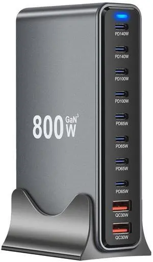 800W USB-C GaN Charger 10 in 1 Charging Block Dual 140W PD+Dual 100W PD PPS +4 * 65W PD Port for Multiple Electronics Devices,Laptop Wall Charger Compatible with MacBook/iPhone 16/iPad etc