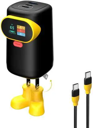 V-checker 65W USB C Charger Block, 3-Port GaN Charger Compact Foldable Fast Charger for MacBook Pro/Air, Pixelbook, iPad Pro, iPhone 16/15/Pro, Galaxy S25/S24, Black Yellow