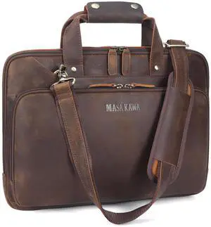 Masa Kawa Leather Laptop Briefcase for Men Fits 15.6" Computer Slim Crossbody Shoulder Messenger Bag Attache Case for Business Work, Vintage Brown
