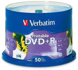 Verbatim DVD+R 4.7GB 16X White Inkjet Printable with Branded Hub - 50pk Spindle