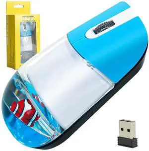 Wireless Mouse Cute Clear Water Silent Lightweight Portable Aqua Transparent Liquid Optical Retro Cordless Mice with USB Reciever Floater Clownfish for PC Laptop Computer MacBook Girl Boy Gift (Blue)