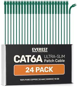 Everest Ultra Slim Cat6a Ethernet Patch Cables 2ft (24-Pack) Green - 10GB Cat 6a Patch Cable - Bendable, Flexible & Thin Ethernet Cable - Space Saving 32AWG 550MHZ Cat6a Cables - 100% Copper Wires