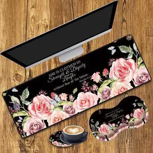 Desk Pad Gaming Mouse Pad + Wrist Rest Support Pad + Coaster, 31.5" × 11.8" Durable Non-Slip Extended Computer Mouse Pad, Suitable for Office and Home, Bible Verses Proverbs 31:25