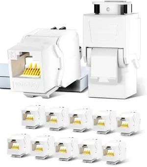 AMPCOM CAT6A UTP RJ45 Keystone Jack 50u Gold Plating Reusable Ethernet Wall Jack with Adjustable Ratchet Lock (No Tool and Zip Tie Required) - White (12-Pack)