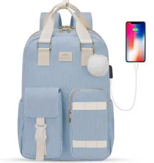 MATEIN 15.6 Laptop Backpack for Women, Cute Corduroy Computer College Backpack with USB Charging Port, TSA Lightweight Aesthetic Back Pack Travel Laptop Daypack for Work Nurse Teacher Gift, Blue