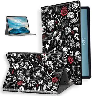 for Amazon Kindle Fire HD 10 10.1" Tablet (13th/11th Gen, 2023/2021) CasePU Leather Folio Cover with Auto Sleep/Wake,Shockproof Protective Case for Fire HD 10,Skulls Red Roses Flowers