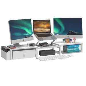 LAND·VOI Heavy Duty Dual Monitor Stand, Holds 2 Screens Up to 27 Inches, Adjustable Length and Angle Monitor Riser, Desk Organizer with Side Pockets and Drawers, Home Office Desk Storage, White