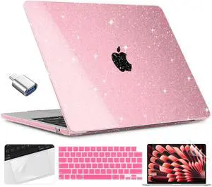 TWOLSKOO Compatible with M4 MacBook Air 15 inch Case 2025-2023 Release M4 A3241 M3 A3114 M2 A2941, Plastic Hard Shell&Screen Protector&Keyboard Cover&Trackpad Film&Type C Adapter, Star Pink
