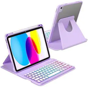 MMK for iPad A16 Case with Keyboard (2025), 7 Color Backlight | Removable keypad with Pencil Holder | 360 Degree | Rotating for iPad 10th Generation Case with Keyboard, Purple