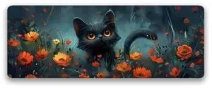 Beautiful Cat Playing in The Field Multi-Functional Oversized XXL 31.5" x 11.750" Desk/Mouse Pad Seamlessly Blending Artistry with Practicality. Non-Slip Backing and Stitched Edge.