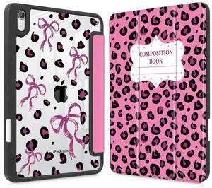 Mektron Printed Case for iPad mini 7 (A17 Pro) 2024/ Mini 6 2021, iPad mini 7th/6th Generation Case, Buit in Pencil Holder with Clear Back Shell + Trifold Stand, Composition Book-Bows