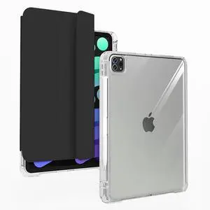 Slim Case for iPad Pro 11 Inch 4th/3rd/2nd Generation (2022/2021/2020) Clear Case with Pencil Holder, Slide to Separate, Auto Sleep/Wake, Detachable Trifold with Stand Leather Cute Cover (Black)