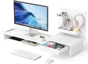 Pegboard Monitor Stand Riser,Computer Monitor Stand with 2 Hooks Cable Management Desk Organizer and Drawer for Laptop,PC,Computer,Printer,White