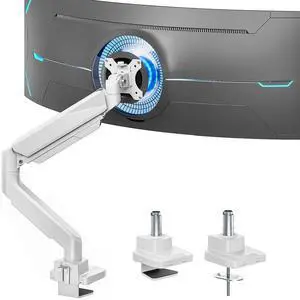 ARES WING Ultrawide Monitor Arm, Heavy Duty Single Monitor Mount for 13"-49" Curved Screens, Adjustable Stand for Desk with C-clamp & Grommet Base up to 40 LBS, White