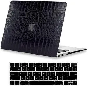 KEROM Compatible with Crocodile MacBook Pro 15 inch Case 2019 2018 2017 2016 Release A1990 A1707 with Touch Bar, Crocodile Skin Alligator Skin PU Leather Hard Shell Case & Keyboard Cover, Black