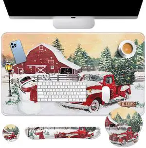 Britimes Red Merry Christmas Truck Keyboard Mouse Pad Set Snowman Tree 4in1 Large Mousepad+Keyboard Wrist Rest+Mouse Wrist Rest+Coaster Ergonomic Design for Home Office Computer 35.4 * 15.7 inches