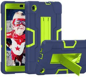 Doemoil Case for for Alcatel Joy Tab 2 Tablet 8-inch 2020 Release (Model: 9032Z) - [Built-in Kickstand] Anti Slip Kids Friendly Shockproof Silicone Protective Cover (Navy Blue/Green)