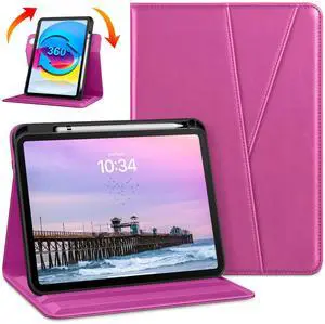 DTTO Rotating Case for iPad (A16) 11th Generation 11 Inch 2025, iPad 10th Generation 10.9 Inch 2022, 360 Degree Swiveling Premium Leather Folio Stand Cover with Pencil Holder, Rose Red
