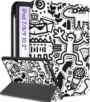 Uppuppy for iPad 9th/8th/7th Generation Case 10.2 Inch Girls Cute Boys Kids Women Folio Cover Pencil Holder Graffiti Cartoon Cool Men Design Funny Fun Teen Cases for iPad 7/8/9 Gen A2602 A2270 A2197