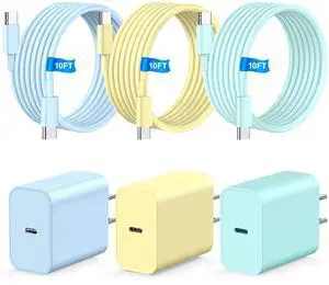 i Phone Charger Fast Charging, 3Pack Type C Fast Charger Block with 10FT 100W USB C Cable, Type C Cable, Compatible with i Phone 15/16/17 Pro/Max/Plus, Pad Air/Pro, Samsumg (Yellow/Green/Blue)