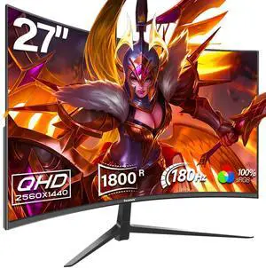 Gawfolk 27 Inch Gaming Curved Monitor, 180Hz QHD 2560x1440p PC Monitor with AMD FreeSync, Flicker-Free, HDMI 2.0, DP 1.4, Ultra-Thin Frameless 2K Computer Screen