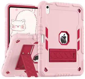 ZoneFoker for iPad (A16) Case 11th Generation 11 inch 2025 / iPad 10th Gen 10.9 inch 2022, Heavy Duty Durable i Pad 11/10 Gen Cover with Pencil Holder/Stand for Kids Girls (Pink+Red)