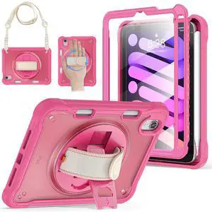 BRAECNstock Case for iPad Mini7 (a17 pro)/Mini 6 8.3" 2024/2021,iPad mini 7th/6th Generation Cover for Kids with Pencil Holder,360° Rotating Stand,Carrying Strap,Screen Protector-Rose Red