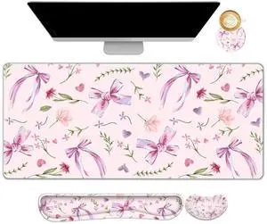 ARTSO Wrist Rest Support for Keyboard Mouse Pad Set, Light Pink Bows Flower Large Mousepad Keyboard Mat, Ergonomic Mousepad with Memory Foam for Home Office