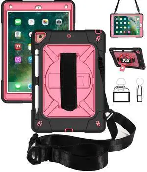 Jaorty for iPad air 2/iPad Pro 9.7 2016 case,360 Rotable Handle Kickstand Layer Pencil Holder Shockproof with Strap Shoulder Case for iPad 6th/5th Generation,New iPad 9.7 2017/2018,Black+Rosered