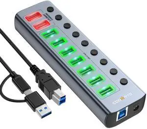 Powered USB 3.2 Hub, CENMATE 9 Ports USB Splitter (7×USB 3.2 Ports+2×2.4A Charging Ports), Individual On/Off Switches, DC 12V Adapter, Aluminum USB C Hub for Laptop, PC