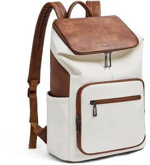 Leather Laptop Backpack for Women, 15.6 Inch Travel Backpack with Laptop Compartment, Casual Daypack Fashion Travel Backpack Purse for Travel College Work, Beige Brown