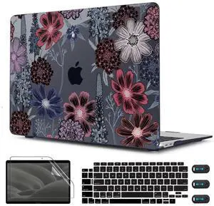 CISSOOK Case for MacBook Air 13 inch M1 Chip A2337 A2179 A1932 2021-2018 Release, Protective Black Shell with Keyboard Skin + Screen Protector for MacBook Air 13-inch with Touch ID, Texture Flowers