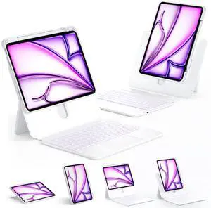Tiaota Keyboard Case for iPad Air 11-inch (M3/M2, 2025/2024), iPad Air 5/4 Gen & iPad Pro 11-inch with Multi-Touch Trackpad, 360° Rotating Kickstand, Portrait & Raised Modes, Detachable Cover  White