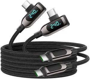 VisionSync 240W Right Angle USB C to USB C Cable [10ft/2Pack],Nylon Braided Type C Fast Charging Cable with LED Display for lPhone 16/15 Pro Max, Galaxy S25/S24 Ultra, MacBook, Laptop,Black