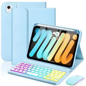 EAMPANG Case with Keyboard Mouse for iPad mini 7th(A17 Pro,2024)/6th Generation 8.3 inch,7 Color Rainbow Backlight Detachable USB-C Keyboard Magnetic Case with Pen Slot for iPad mini 6 7 Blue
