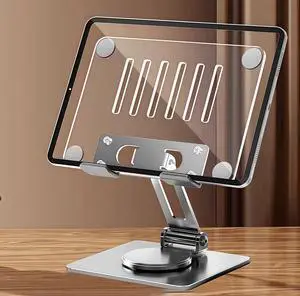 Craftreasure Acrylic Tablet Stand Holder - Adjustable iPad Stand with 360° Rotating Base, Compatible with 4.7-12.9inch Device Such as iPad Pro Air Mini and More, Clear+Silver