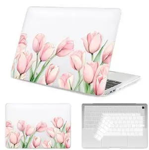 Seorsok Compatible with MacBook Air 13 Inch Case 2022 2021 2020-2018 Release A1932 A2179 M1 A2337,Elegant Pink Blooming Tulip Flower Plastic Hard Case with Transparent Keyboard Cover,Crystal Clear