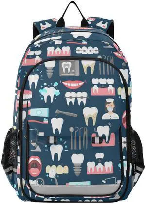 Krafig Teeth Dental Pattern Backpack Girls Boys Elementary School Bags Bookbags Laptop Backpack Travel Daypack Safe Reflective Stripes