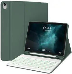 KVTVOU Keyboard Case for iPad (A16) 11th/10th Generation (11/10.9 Inch, 2025/2022), Slim Smart Folio Cover with 7 Colors Backlit Wireless Detachable Keyboard, Round Keys for iPad A16, Dark Green