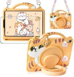 for iPad mini 7 (A17 Pro) 2024/for iPad mini 6 case 2021 8.3 Inch with Pencil Holder Screen Protector 360 Rotating Stand Lanyard Silicon Cute Cat Protective Tablet Cover for iPad Mini6 Gen Kids Girls