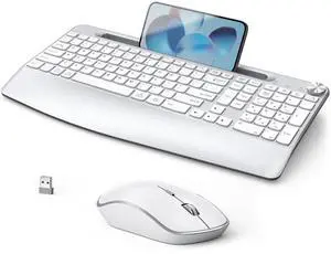 JOYACCESS Ergonomic Wireless Keyboard Mouse Combo, Full Size Wireless Keyboard Designed with Phone Holder and Wrist Rest,Volume Roller for Computer Mac PC Laptop-Silver