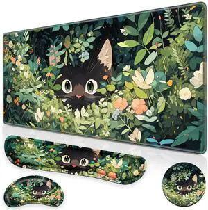 Canjoy Cute Black Cats Mouse Pad Set, 4-in-1 Kawaii Anime Mouse Pad + Keyboard Wrist Rest Support+ Coaster, (35.4×15.7 in) Extended Desk Pad Memory Foam Non-Slip Desk Mat for Home Office