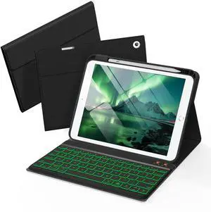 Senyoson Folio Keyboard Case for iPad 9.7 inch 6th 2018, 5th 2017, Air 2 2014 Released, Magnetic Wireless Detachable Keyboard, 7-Color Backlight, Thin & Light, Pencil Holder (Black)