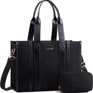 LOVEVOOK laptop bag for women 15.6 inch large Lightweight canvas work tote bags with Clutch Purse water resistant computer bags for laptops for women Business Office Travel college Casual, black