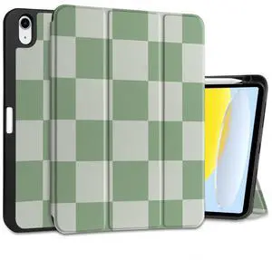 MEEgoodo Case for iPad A16 11th Generation 11 inch 2025/iPad 10th Generation 10.9 inch 2022, Tablet Cover with Trifold Stand + Pencil Holder + Auto Wake/Sleep + Soft TPU Back Cover, Green Checkered