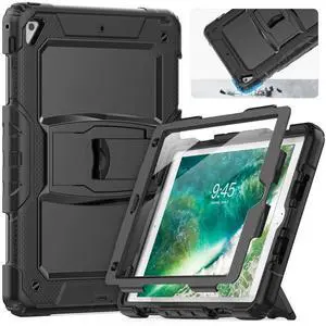 HXCASEAC Shockproof Case for iPad 6th/5th Generation, Air 2 / Pro 9.7 inch Case with Screen Protector, Built-in Stand, Durable, Protective Cover for iPad 2018/2017/2016/2014 - Black